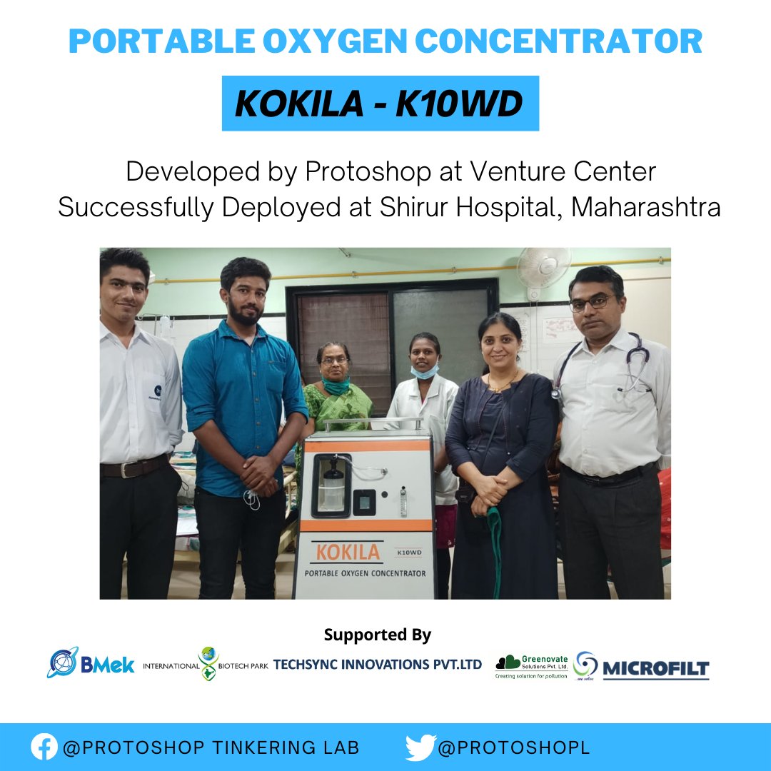 ProtoshopL's tweet photo. A proud moment for Protoshop!
We are happy to announce that the Portable Oxygen concentrator KOKILA - K10WD , developed by Protoshop at the Venture Center is successfully deployed at Shirur Hospital, Maharashtra.
#Protoshop #venturecenterpune
#Oxygen #3dproduct https://t.co/eBLd6uPdwk