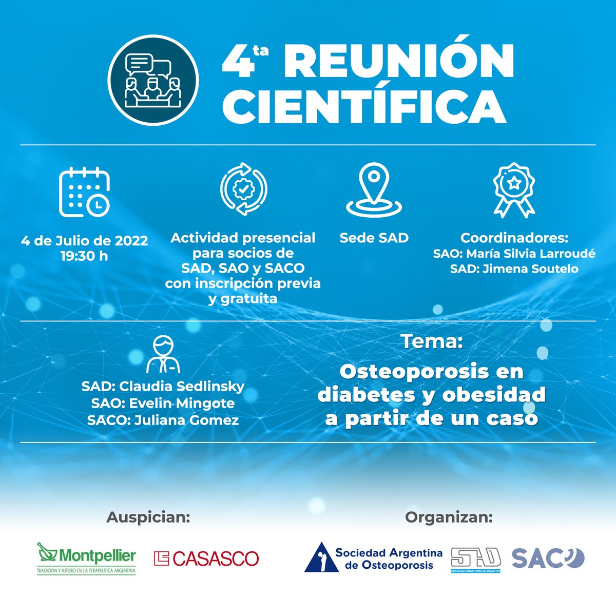 sadediabetes's tweet photo. 🦴 Tema: Osteoporosis en diabetes y obesidad a partir de un caso
📅 Fecha: 4 de julio
🕜 Hora: 19.30 h
#4taReuniónCientífica #reunioncientifica #reunióncientífica #saddiabetes #cardiología #cardiologiaclinica #cardiologiaydiabetes https://t.co/Pb9DHYu3Qv