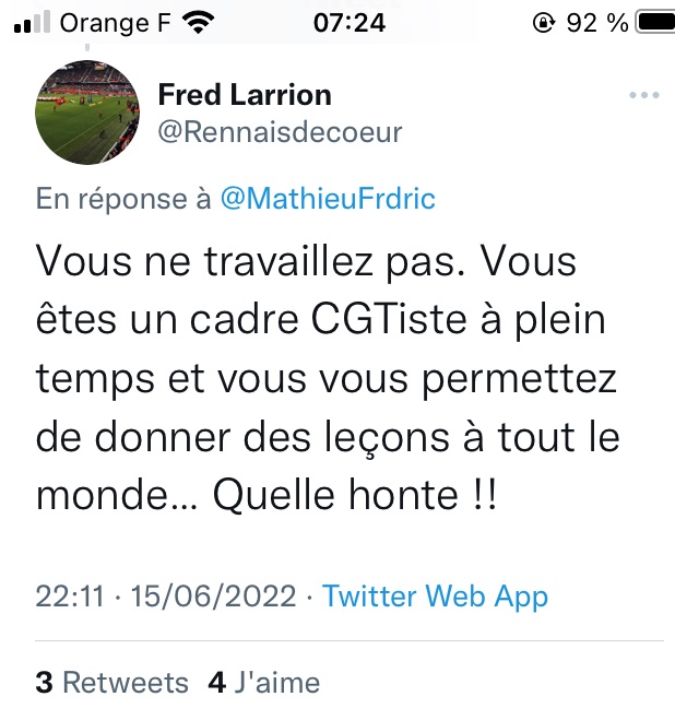 Les électeurs aiment savoir pour qui ils votent #Circo3501#Legislatives: pourquoi @Mathieufrdric ne pas dire que vous êtes en fait cadre CGT national à plein temps, insoumis infiltré à <a href="/lacgtcommunique/">La CGT</a> , donc bien loin du quotidien de votre circo ? <a href="/ouestfrance35/">Ouest-France 35</a> <a href="/LeTelegramme/">Le Télégramme</a>