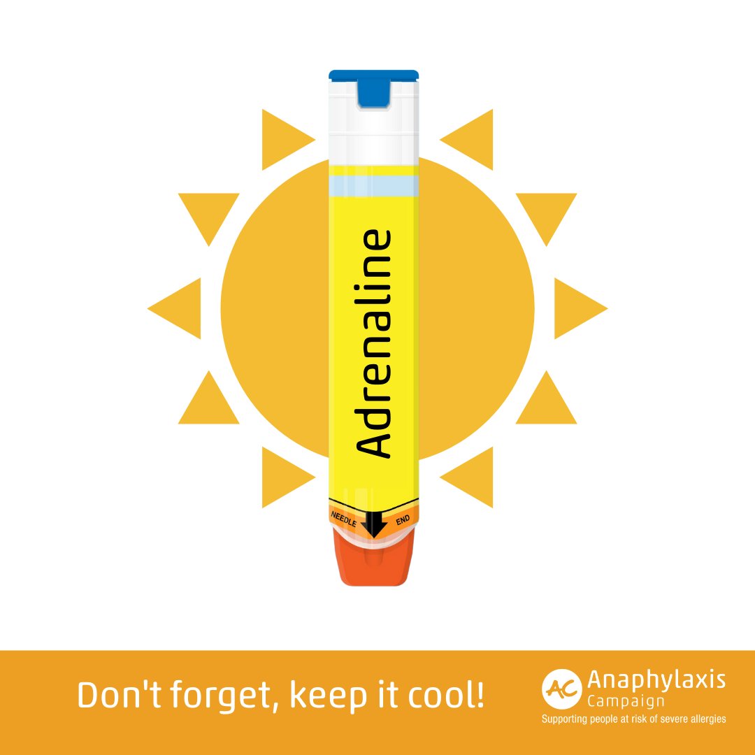 AnaphylaxisUK's tweet photo. Adrenaline auto-injectors:
• Store below 25°C and do not freeze.
• Don’t leave in direct sun. This can turn the adrenaline brown. Replace if the solution is discoloured or has bits.
• Temperature control bags are available – see the patient info. that came with your device. https://t.co/GvYsluuBMQ
