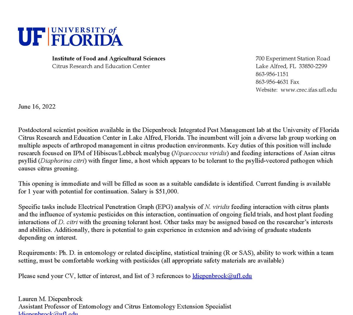 We're hiring- the postdoc in this position left for a faculty position, so I'm looking to fill ASAP to meet deadlines. <a href="/UFIFASCitrusREC/">UF/IFAS Citrus REC</a> <a href="/UFEntNem/">UF/IFAS Entomology & Nematology</a>