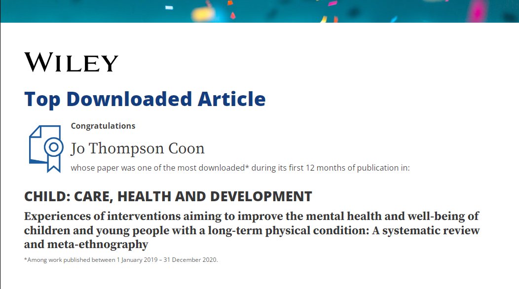 EvidSynthTeam's tweet photo. Congrats to @alittlebitofLiz @darren_a_moore @mnunns84 @Tamsin_J_Ford @Ruth_Garside @jog13 @Dr_E_Walker and co-authors on your #TopDownloadedArticle in Child: Care, Health and Development @wileyinresearch 

@exetermed @Peninsula_ARC https://t.co/wbVoHmThuQ