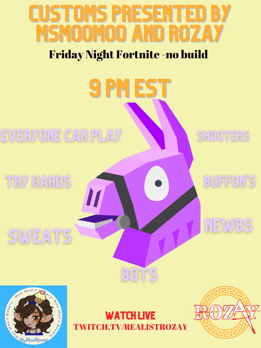 Friday 9pm EST - You already know its that time! FN custom with <a href="/Moomoo424/">msmoomoo92</a> and Rozay! All are welcome! Friends, Family, Bring em' out!! @Gigi_bunny972 <a href="/chikami_8942/">CHI K4M1 TOWN</a> <a href="/MakQuit/">MakEmRageQuit</a> <a href="/xxpantr0xx/">xxpantroxx</a> <a href="/theDEGMIN/">DEGMIN</a> <a href="/ElFattch/">ElFattch</a> <a href="/el_m0x13/">EL MOXIE</a> <a href="/TTVPhrenny/">Phrenny</a> <a href="/Angry__Amber/">Angry__Amber</a> @IHaveDaPower83 <a href="/Johnnythetacoo1/">Taco 🌮</a>