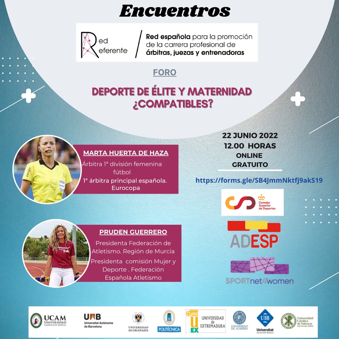 🗣🔊Felices de poder anunciar la nueva acción divulgativa de <a href="/RedReferente/">Red-REFERENTE</a> ✅"Deporte de élite y maternidad ¿compatibles?". Un placer poder contar con <a href="/huerta_aza/">aza huerta</a> <a href="/pruatletismo/">pruden guerrero</a> <a href="/deportegob/">CSD</a> <a href="/depespana/">ADESP - Asociación del Deporte Español</a>  Online y gratuito. Apúntate ya! <a href="/UCAM/">UCAM Universidad</a> <a href="/UCAM_CAFD/">UCAM Facultad de Deporte</a> forms.gle/SB4JmmNktfj9ak…