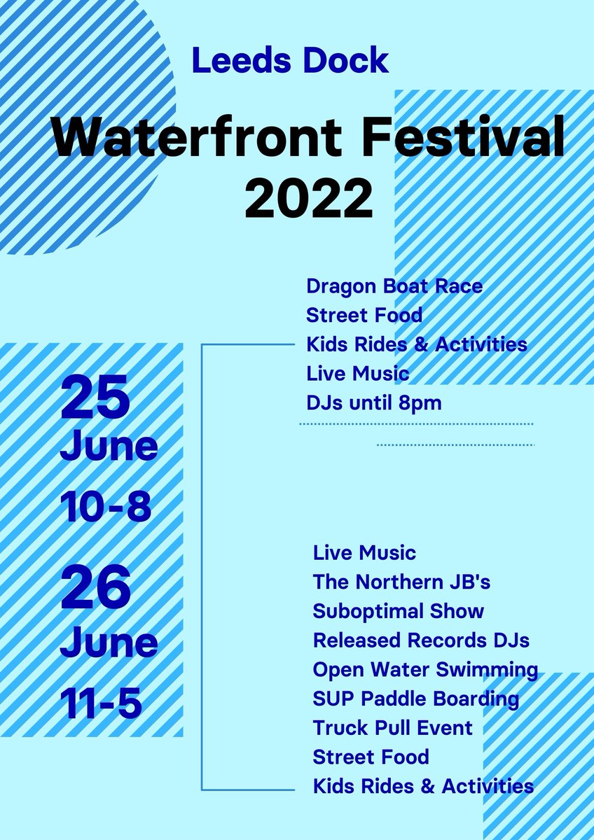 LeedsDock's tweet photo. T-10 days until the Waterfront Festival!
From the legendary Dragon Boat Race on 25 June to live music performances by The Northern JB's on 26 June, enjoy two jam-packed days of entertainment at Leeds Dock.
Check out the full schedule of events below! #LeedsWF https://t.co/AX6X4RiKcy