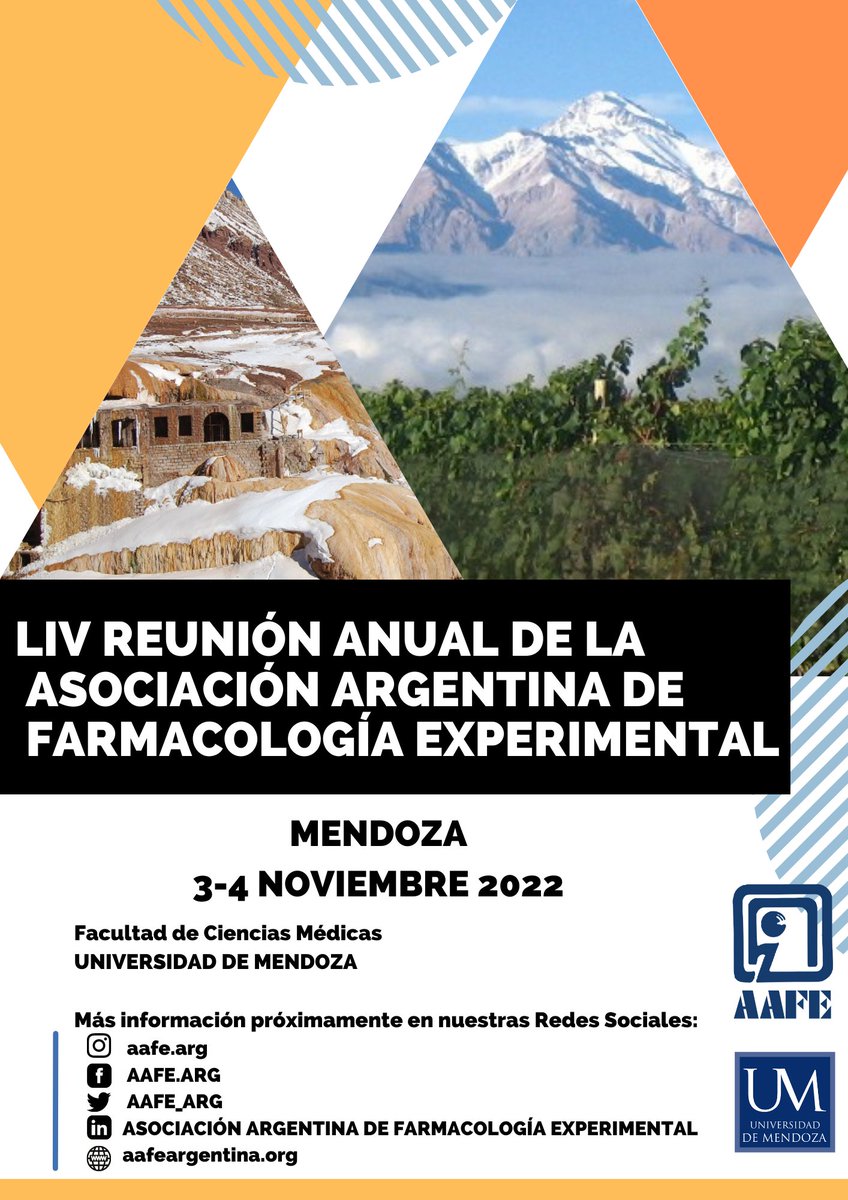 AAFE_ARG's tweet photo. Pronto!!! Congreso AAFE 2022!! La LIV Reunión Anual de la Asociación Argentina de Farmacología Experimental se celebrará del 3 al 4 de noviembre en la Facultad de Medicina-Universidad de Mendoza, Mendoza Argentina!!
Los/as esperamos!!! https://t.co/8q2woBAHKh