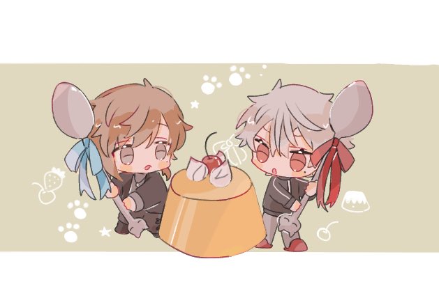 kuzuha (nijisanji) multiple boys spoon 2boys chibi red eyes jacket mole under eye  illustration images