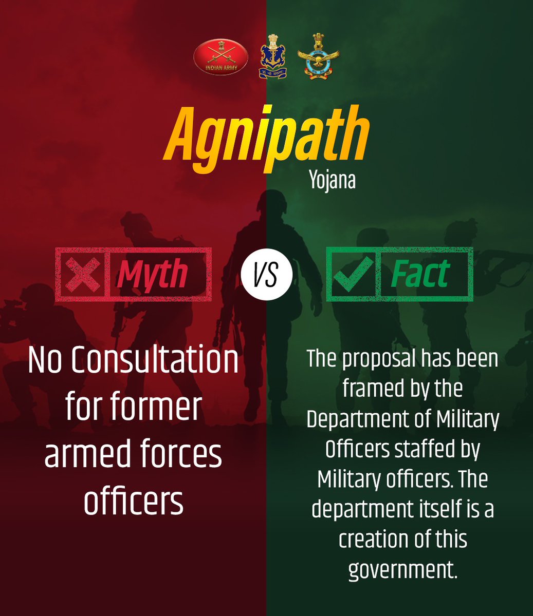 YuvaDhanbad's tweet photo. Don't fall for rumours ❌
Take a look at the facts about the Agnipath scheme! ✅ 
#MyGovMythBusters #BharatKeAgniveer https://t.co/qsRqD80z3C https://t.co/oawhLbocCv