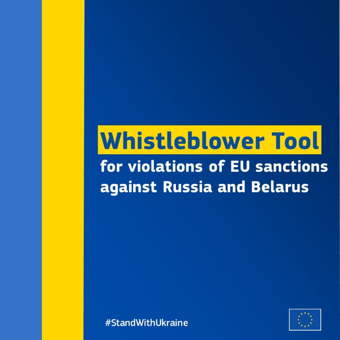 EU_Finance's tweet photo. Aware of violations of EU sanctions on Russia or Belarus?

@EU_Commission has created an online tool for whistle-blowers, where your identity is protected.

Make an anonymous report now
👉 https://t.co/1p1J8wN7YJ

🇺🇦🇪🇺 #StandWithUkraine https://t.co/Mfwt0KJazI