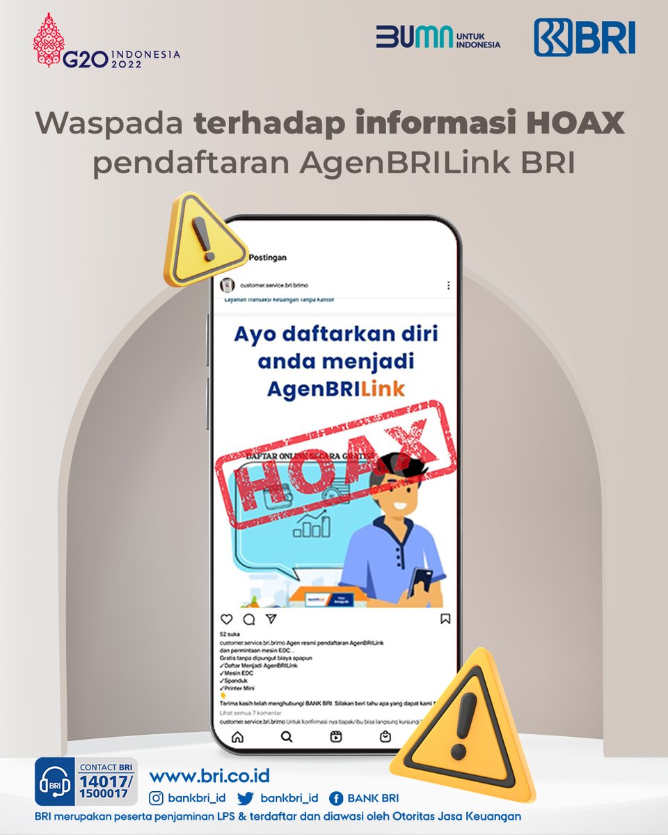 kontakBRI's tweet photo. Sobat BRI. Hati-hati modus penipuan pendaftaran AgenBRILink palsu. Pendaftaran AgenBRILink hanya dapat dilakukan di kantor BRI terdekat. Informasi AgenBRILink silakan akses halaman berikut https://t.co/ff6m5Wxatr. Sehat dan sukses selalu ya.

#BRIEdukasi https://t.co/GzQfxNVUPI