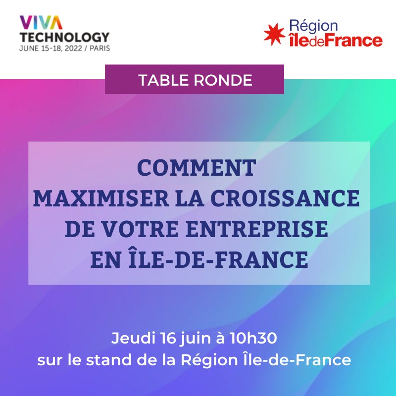 iledefrance's tweet photo. 🔶 #VivaTechIDF 🔶
📣 Entrepreneurs, chefs d’entreprise, cette table ronde est pour VOUS !
🕥 Rendez-vous dans 15 min sur le stand de la #RégionIDF à @VivaTech pour apprendre comment maximiser la croissance de votre entreprise en #iledefrance ! https://t.co/eTqpqi5lLV