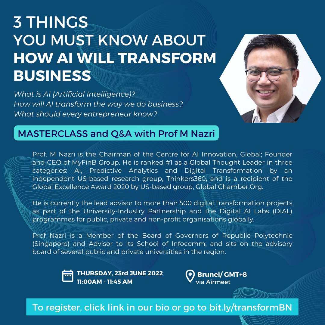 asiaincforum's tweet image. Engage in conversation on Thursday, 23rd June 2022 @ 11.00am GMT +8 via Airmeet to know more about how Artificial Intelligence will transform a business! Prof M Nazri is the Chairman of CEAI, Global. bit.ly/transformBN

 #ArtificialIntelligence #Transform2022 #AIforBusines
