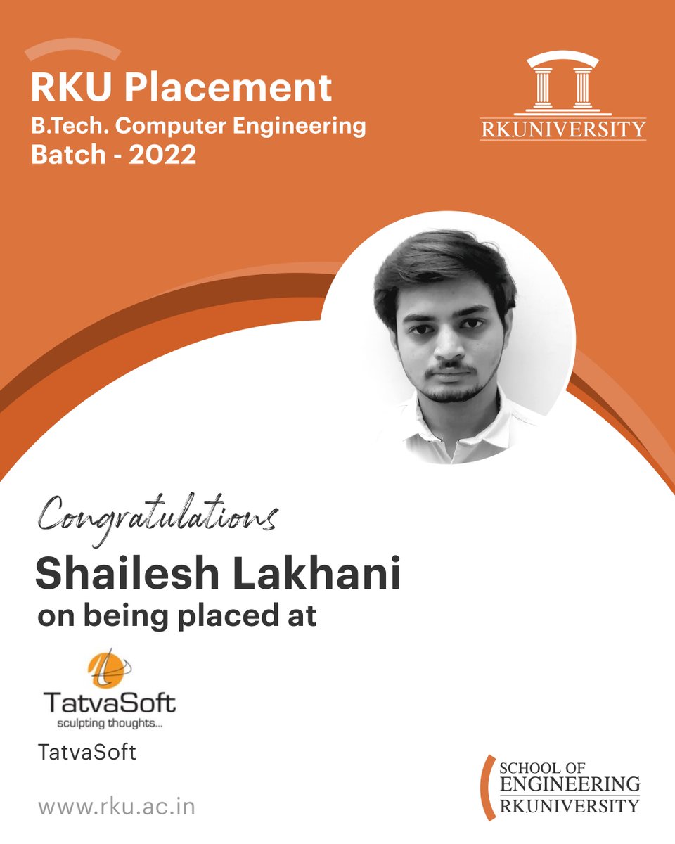 RKUniversity's tweet photo. We congratulate our students from #BTech #ComputerEngineering (Batch 2022) for getting placed at renowned companies. Wishing them a successful bright future ahead.

#rku #placement #engineering #engineeringplacement #rkuniversity #rajkot #gujarat #India https://t.co/oZ4abJqLAY