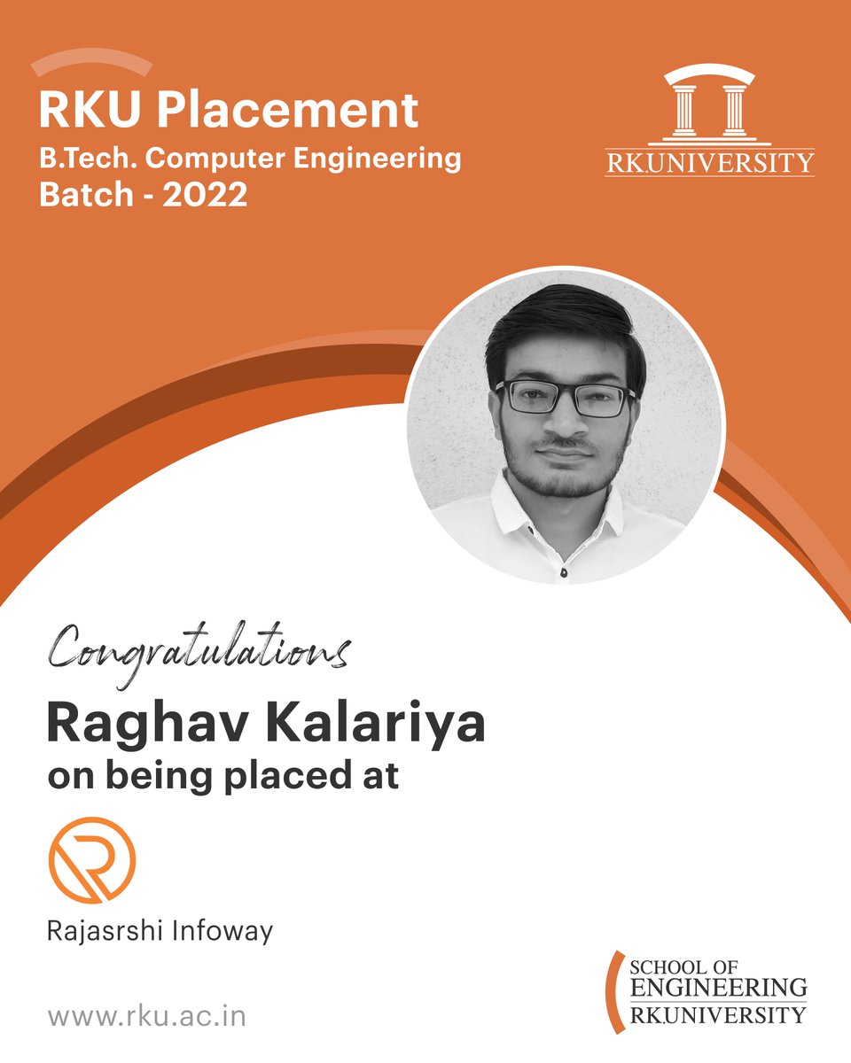 RKUniversity's tweet photo. We congratulate our students from #BTech #ComputerEngineering (Batch 2022) for getting placed at renowned companies. Wishing them a successful bright future ahead.

#rku #placement #engineering #engineeringplacement #rkuniversity #rajkot #gujarat #India https://t.co/oZ4abJqLAY