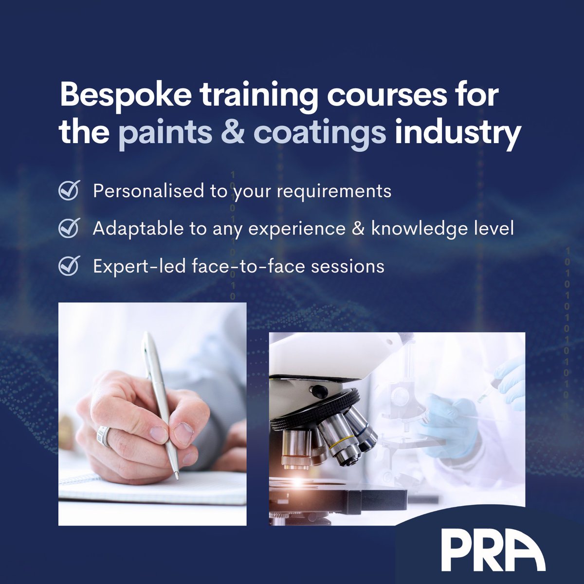 Our industry leading training courses are an excellent opportunity to develop the professional knowledge of your team. We offer bespoke courses to provide a comprehensive education from renowned experts in the coating industry.

Find out more: pra-world.com/customised-tra…