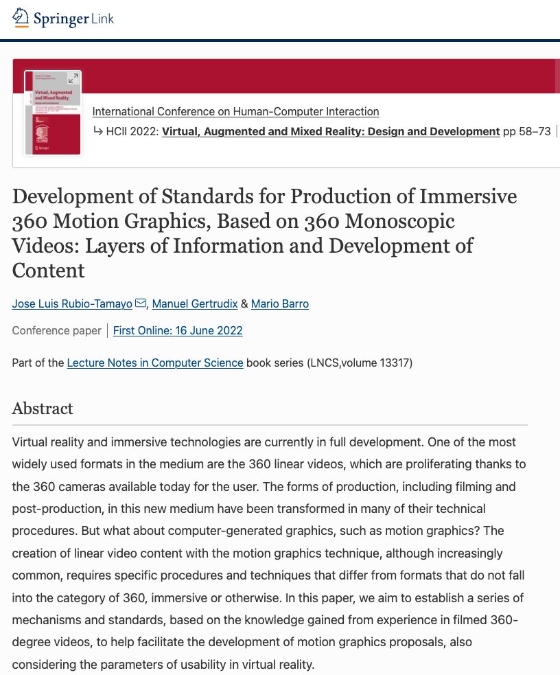 GrupoCiberimaginario (@ciberimaginario) on Twitter photo New <a href="/ciberimaginario/">GrupoCiberimaginario</a> publication: Development of Standards for Production of Immersive 360 Motion Graphics, Based on 360 Monoscopic Videos: Layers of Information and Development of Content <a href="/JoseRubioTamayo/">Jose Rubio-Tamayo</a>
<a href="/gertrudix/">Manuel Gértrudix</a> <a href="/MarioBarro/">Mario Barro</a> link.springer.com/chapter/10.100… <a href="/URJCcientifica/">URJCcientifica</a> <a href="/urjc/">URJC</a> New <a href="/ciberimaginario/">GrupoCiberimaginario</a> publication: Development of Standards for Production of Immersive 360 Motion Graphics, Based on 360 Monoscopic Videos: Layers of Information and Development of Content <a href="/JoseRubioTamayo/">Jose Rubio-Tamayo</a>
<a href="/gertrudix/">Manuel Gértrudix</a> <a href="/MarioBarro/">Mario Barro</a> link.springer.com/chapter/10.100… <a href="/URJCcientifica/">URJCcientifica</a> <a href="/urjc/">URJC</a>