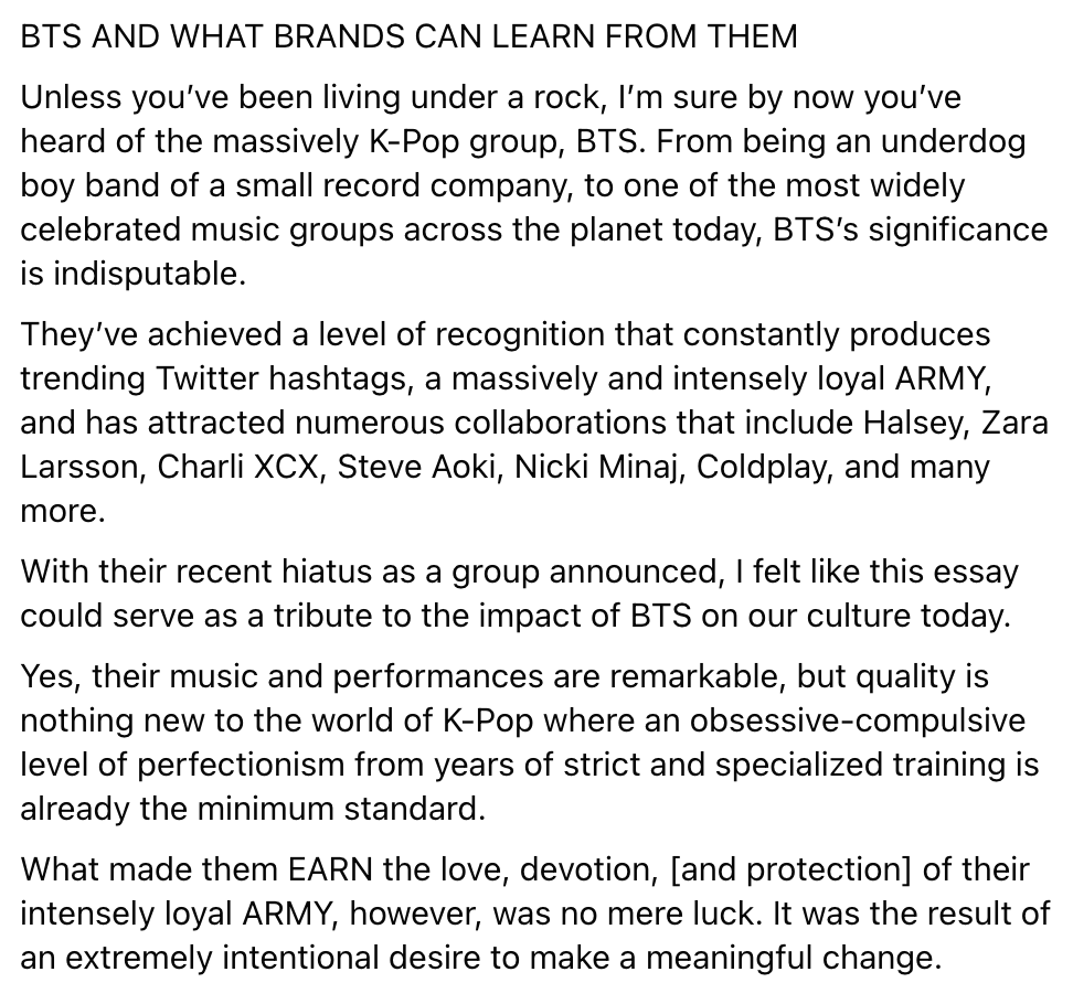 v_ari_7's tweet photo. one of my brothers wrote an article on what a brand can learn from bts. it made me feel happy reading this (he's not ARMY btw) https://t.co/bHeHgDqNOM