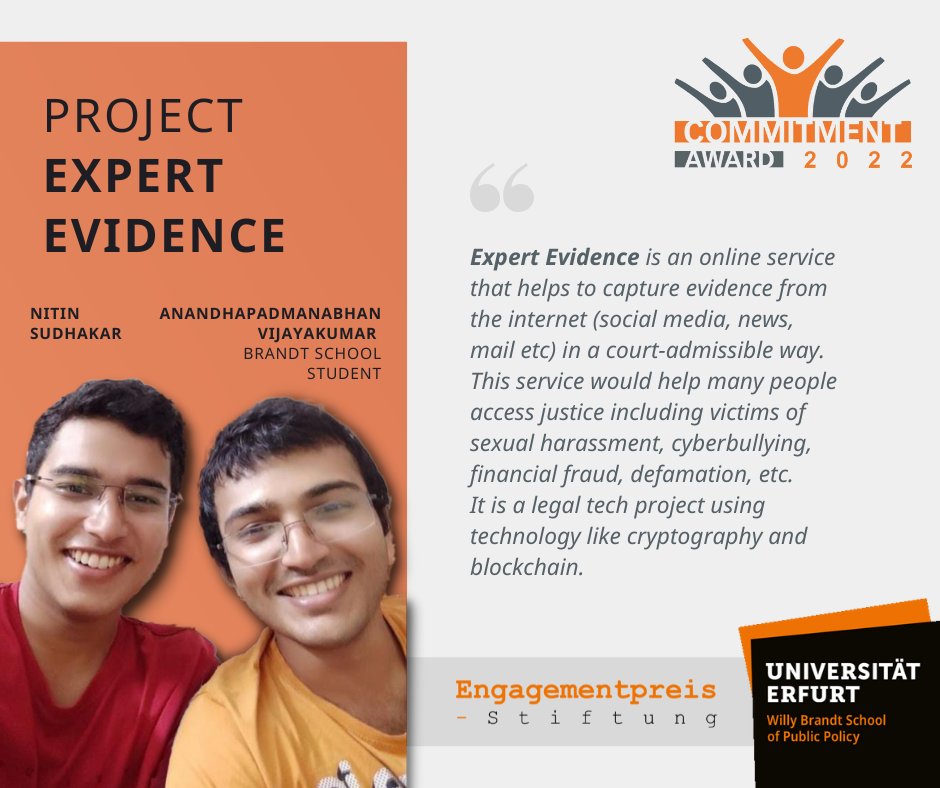 🏆 <a href="/commitmentaward/">Commitmentaward</a> 2022 project presentations! May we present as second: "Expert Evidence" by <a href="/BrandtSchool/">Willy Brandt School of Public Policy @unierfurt</a> student <a href="/arkaeiver/">Anandhapadmanabhan</a> and <a href="/nitin_sudhakar_/">Nitin Sudhakar</a>. Read more about the #CA2022 and the projects here: bit.ly/3MrlAZy