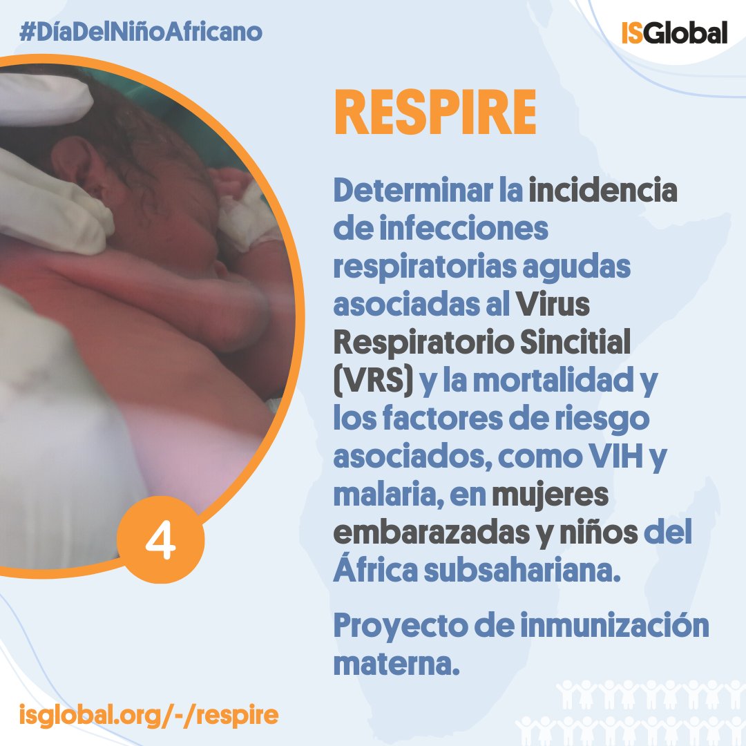 ISGLOBALorg's tweet photo. 4️⃣ Mediante el #RESPIREproject queremos determinar la incidencia de infecciones respiratorias agudas asociadas al #VRS, y la mortalidad y factores de riesgo asociados, como VIH y malaria, en mujeres embarazadas y niños del África subsahariana.
+Info: https://t.co/9Jpeabufe9 https://t.co/0D1tvdxhXH