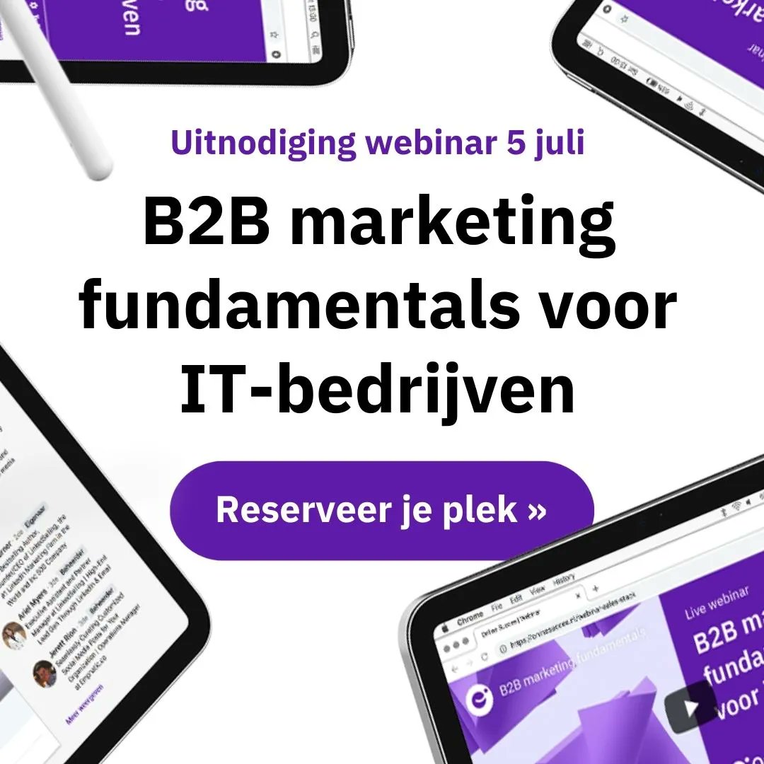 Whoopwhoop! Op dinsdag 5 juli organiseren we een live webinar over B2B marketing fundamentals voor IT-bedrijven. 

Zie het als jouw gratis summer school. 

Zo heb je alle kennis in handen om tijdens de vakantie een slag te slaan. Reserveer je plek buff.ly/3N1gZOO