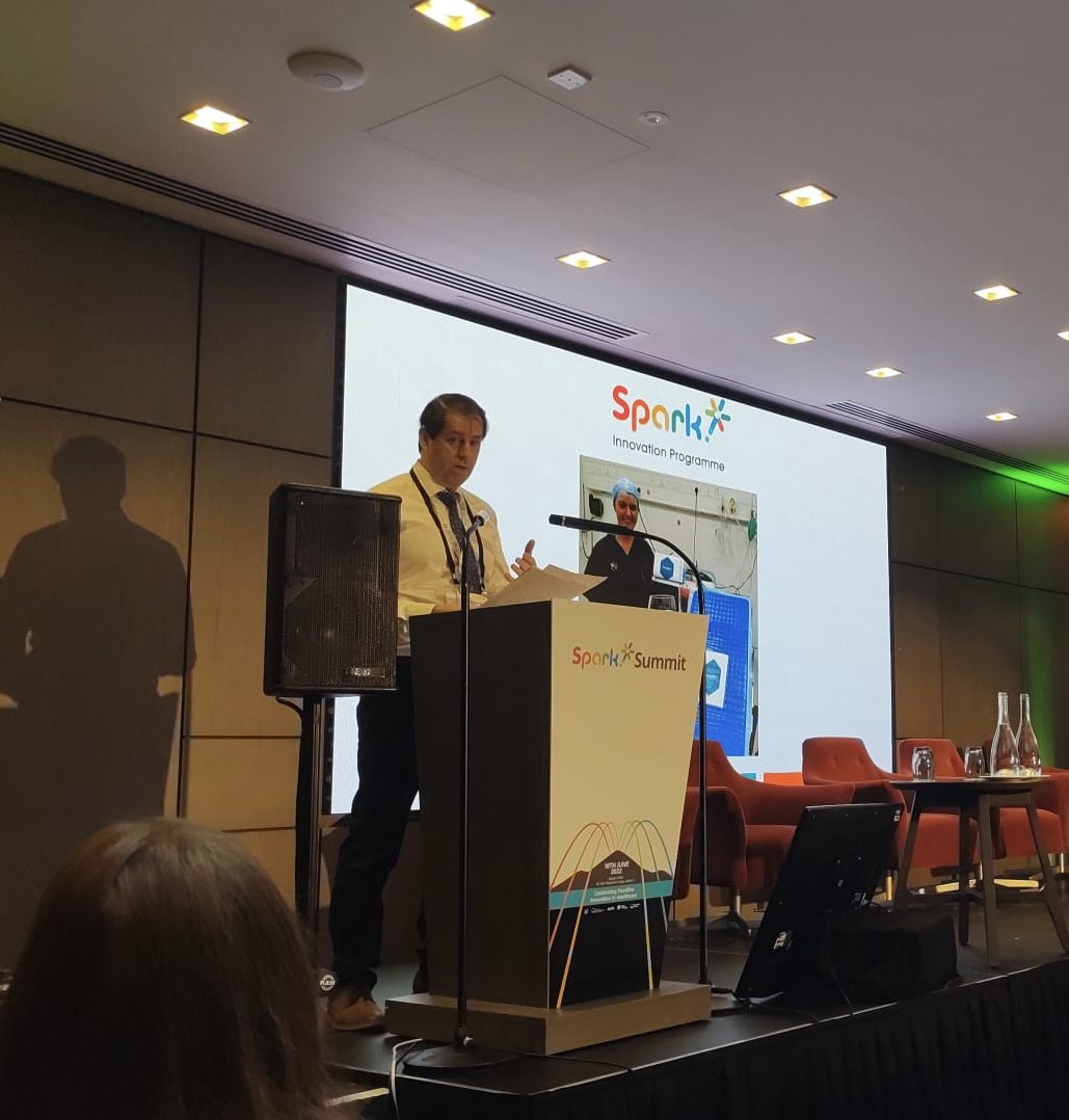 ProgrammeSpark's tweet photo. We’ve kicked off! A great introduction to the day by the Head of the Spark Innovation Programme @JaredGormly. An exciting day ahead. Keep in touch and add your comments as we go using the our hashtag for the day #SparkSummit22 @NurMidONMSD @WeHSCPs @NDTP_HSE @HSE_DA @HSELive https://t.co/yOnwqM5Uf5