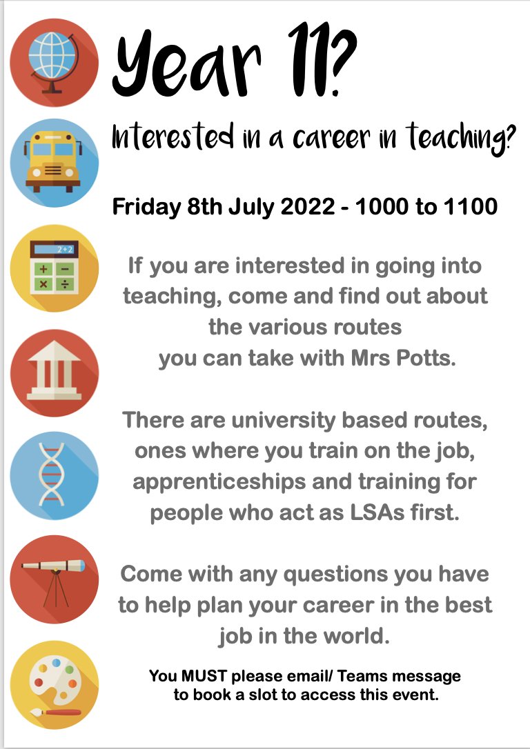 NRCCareersEd's tweet photo. @NewmanRCCollege  Year 11 pupils. 
Have you considered a career in teaching? 
Explore the possibility of working in education. Information morning: Friday 8th July 10:00am - 11:00am at Newman college. To register your interest please email or send a Teams message to Mrs. Potts. https://t.co/yeW84BBq1Z