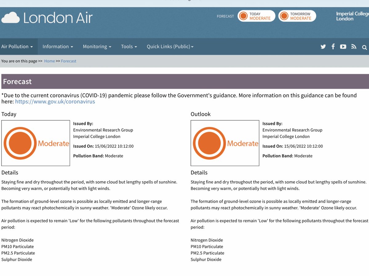 CleanAirLondon's tweet photo. #CleanAirDay | Official #CodeYellow widespread MODERATE ozone #AirPollution today. Possibly #CodeRed HIGH in places. Ozone is the most irritant gas for humans https://t.co/eHAktArZhi. The quickest, best step @BorisJohnson could take would be to implement #EllasLaw #CleanAirHRBill https://t.co/nUJTQ4LW3K