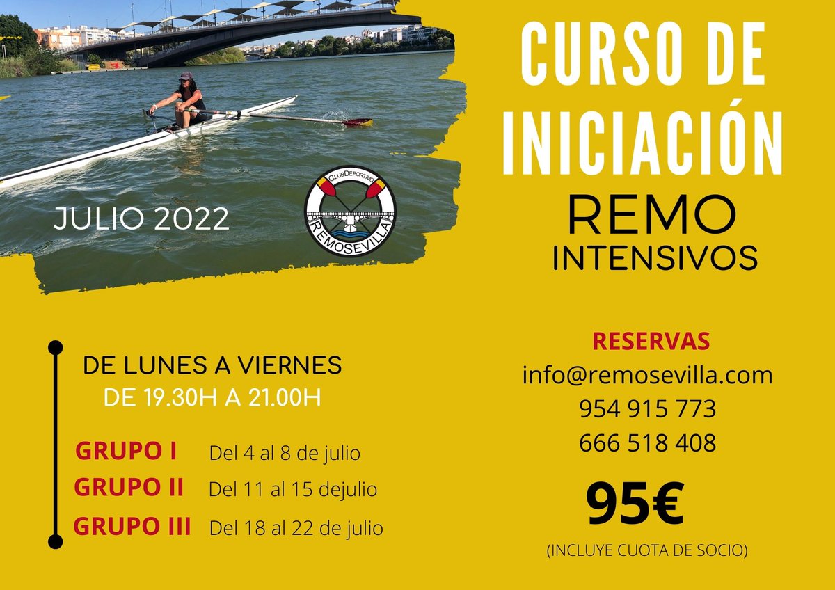 CURSOS DE INICIACIÓN AL REMO
Este mes se ofertan 3 grupos de cursos intensivos. ¡Reserva ya tu plaza!

#iniciacionalremo #cursosremo #cdremosevilla #remosevilla