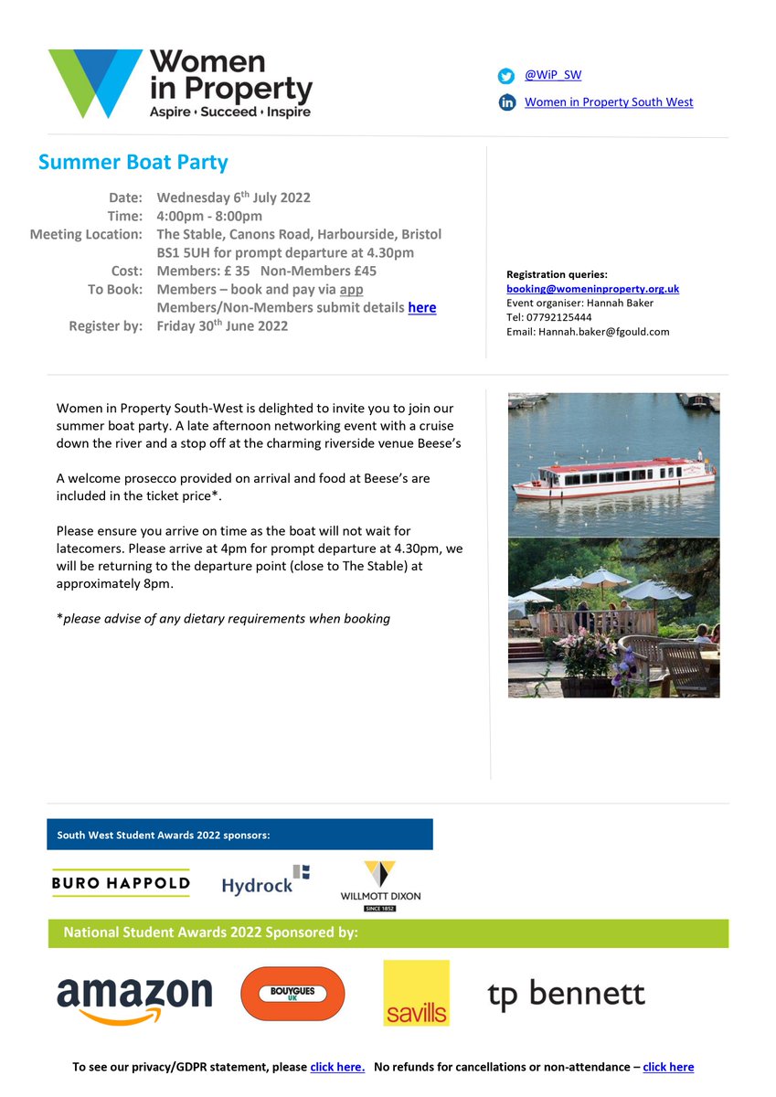 WiP_SW's tweet image. This glorious weather has got us excited for our Summer Boat Party! Join us on the 6th of July for a glass of bubbles on the river up to Beeses. All details below of on our App! #boatparty #summernetworking #BeesesBristol