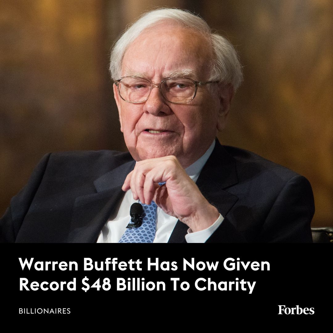 Forbes's tweet photo. Warren Buffett announced Tuesday that he has donated roughly $4 billion worth of his conglomerate Berkshire Hathaway’s stock to charitable foundations for his 17th annual summer gift. That brings his total lifetime giving to a record $48 billion. https://t.co/o7RYnhCxzC https://t.co/LbyJuj5Fbe