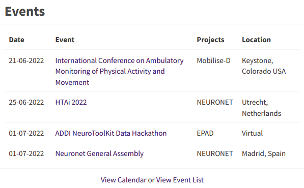 IMI2_NEURONET's tweet photo. Are you interested in events related to neuroscience, neurodegeneration &amp; more?
Check out our events module on the @IHIEurope funded @IMI2_NEURONET Knowledge Base

#ICAMPAM2022 #HTAi2022Utrecht #NeuroToolKit 
https://t.co/E7EFUeuLiU https://t.co/d92kHDdDcY
