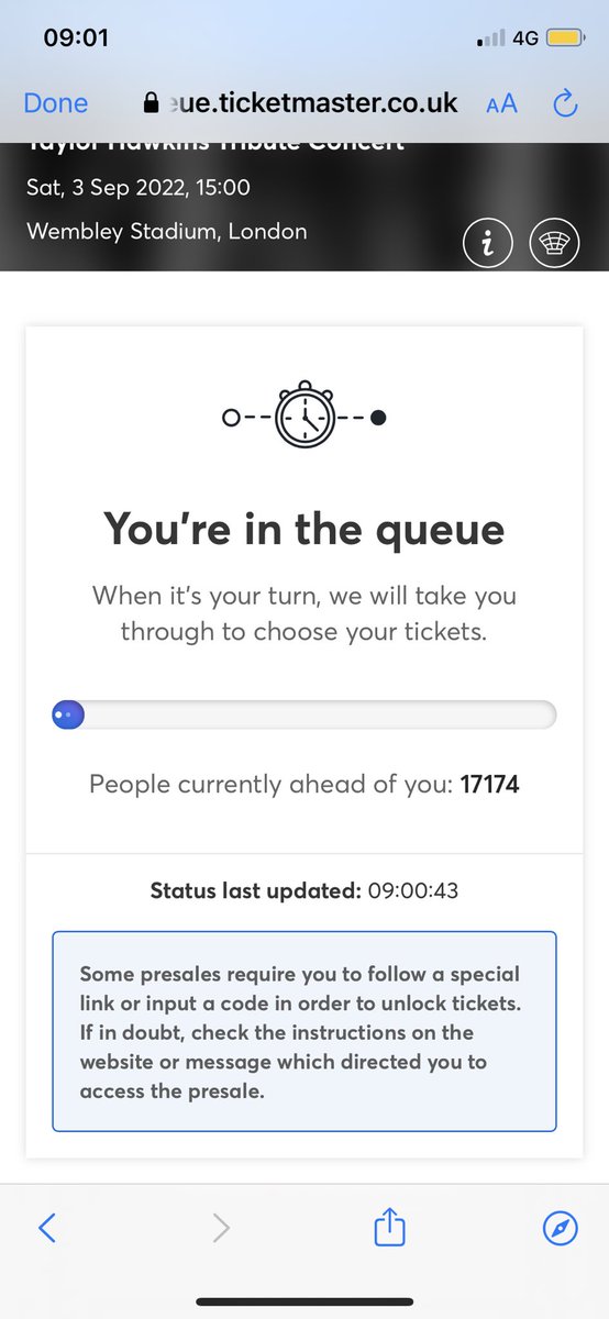 fordyo's tweet photo. @TicketmasterUK  absolute joke. Been waiting then get to the end of the queue and nothing loads! Still no options to buy after 30 mins https://t.co/vg5Nkfds3Y