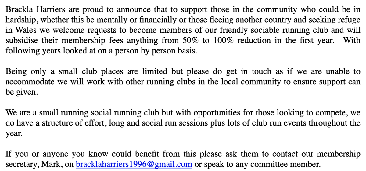 Brackla Harriers are proud to announce that to support those in the community who could be in hardship.

If you or anyone you know could benefit from this please ask them to contact our membership secretary, Mark, on bracklaharriers1996@gmail.com or speak to any committee member.