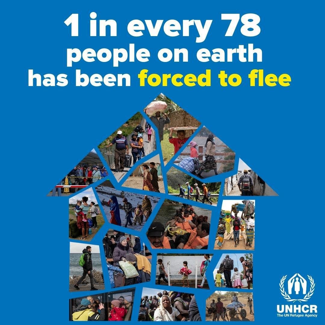 UN's tweet photo. 1 in every 78 people on earth has been #ForcedToFlee. 

We must act now to find solutions for this growing human tragedy.

Latest Global Trends report from @Refugees: https://t.co/gnHlXABMGs #WithRefugees https://t.co/k22p0YQjKQ