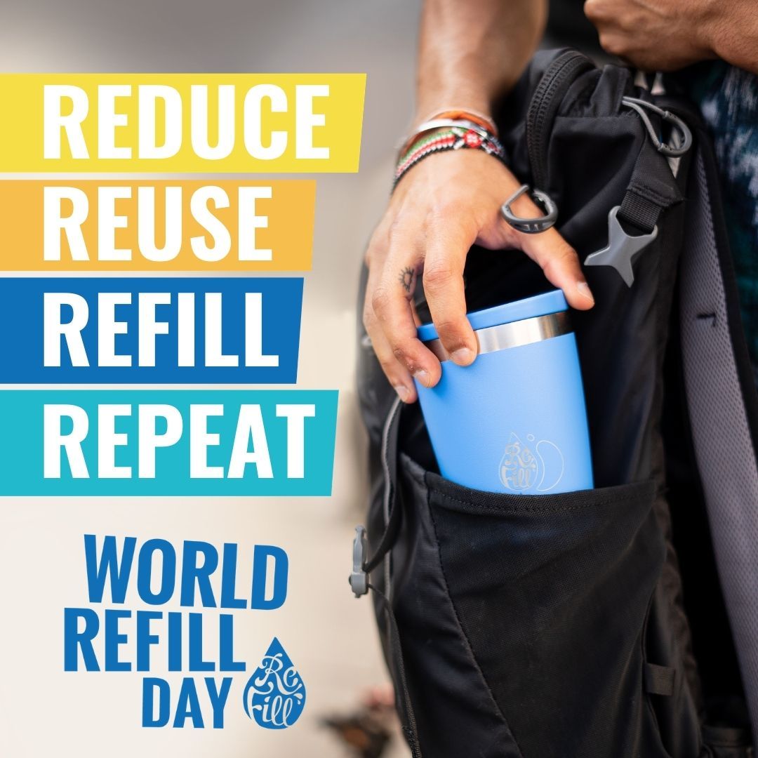 It's #WorldRefillDay! Using refillable containers when we drink, eat, and buy other household products is a great way to cut down on wasted materials and energy, and reduce the amount of plastic waste in our environment - using your own water bottle is a simple way to start!