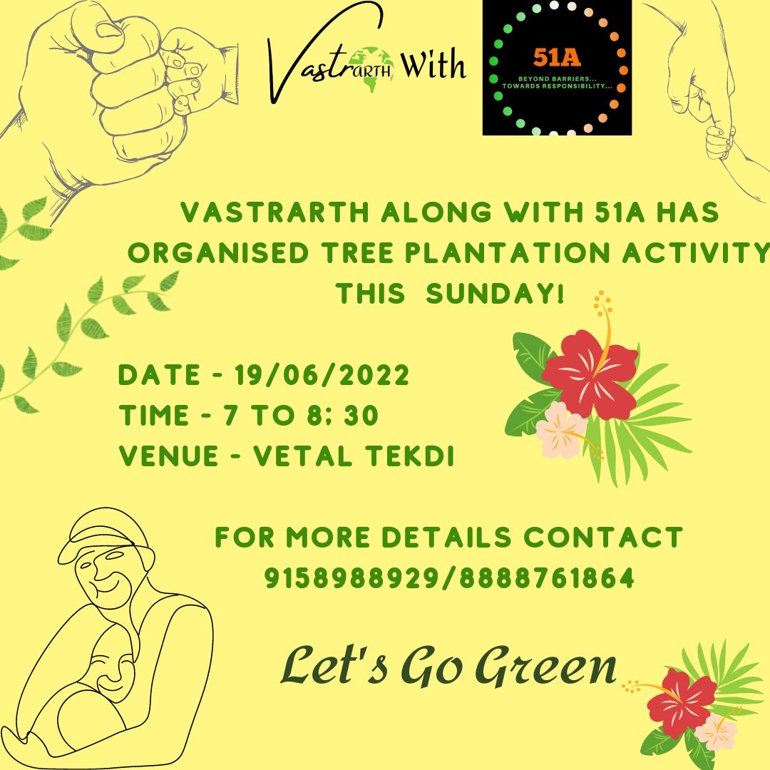 51AOrganization's tweet photo. 51A along with Vastrarth, has organised Tree Plantation activity this Sunday!

Date - 19/06/2022
Time - 7 to 8:30 am
Venue - Vetal Tekdi

For more details, please contact-
Anay - 8888761864
Team 51A🌱 #Conservation #Nature #Environment #Plantation #Volunteer https://t.co/8krbl2SymT