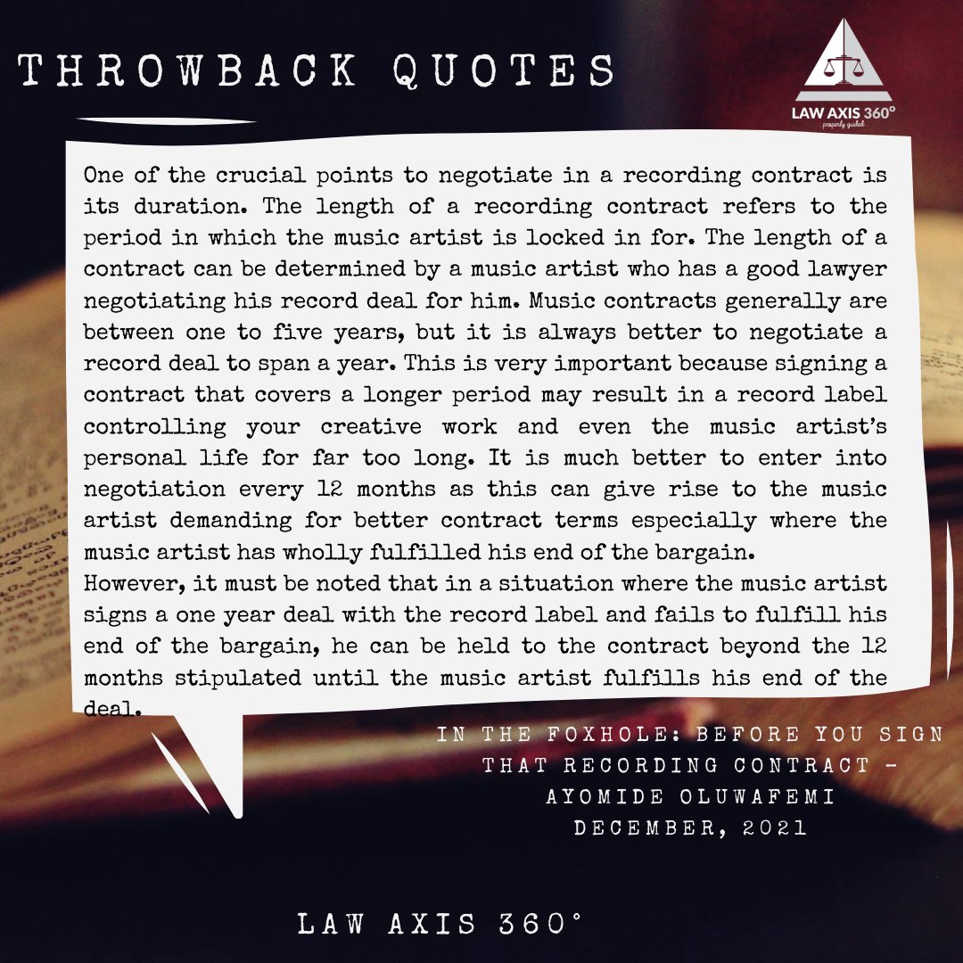 LawAxis360's tweet photo. It's throwback thursday and we throw back to an article by Ayomide Oluwafemi titled; IN THE FOXHOLE: BEFORE YOU SIGN THAT RECORDING CONTRACT.

See excerpt on flyer.

To read the full article use the link below

https://t.co/p2yTmzHqlL https://t.co/G8WlYrzKNS