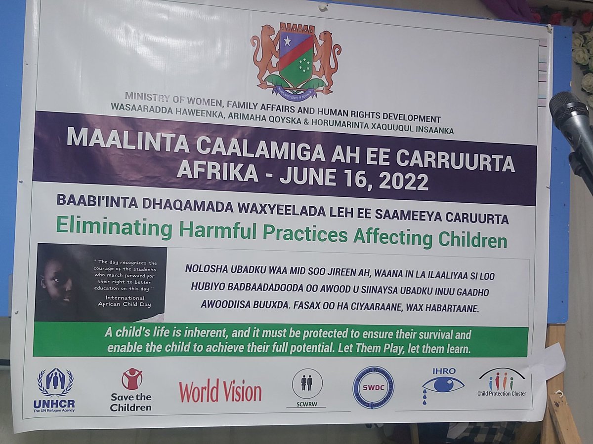 Ururka Horumarinta Xuquuqul Insaanka Kalkal ayaa maanta ka qayb galay Maalinta Caalamiga ah ee Carruurta Africa ,
"Hal canug ah yaan la dhaafin si ay Afrika u gaarto horumar" <a href="/ChildSpace1/">Child Space Organization</a> <a href="/boy_empowerment/">BOY/GIRL CHILD EMPOWERMENT.</a> <a href="/unicefsomalia/">UNICEF Somalia</a> <a href="/CPiE_Global/">The Alliance</a> <a href="/GBVnet/">GBV Prevention Net</a> <a href="/AmaniNetwork20/">Amani Boy Child Network 🇺🇬</a> <a href="/childactivist21/">Rabecca Makwele Mulenga-Child Rights Activist</a>