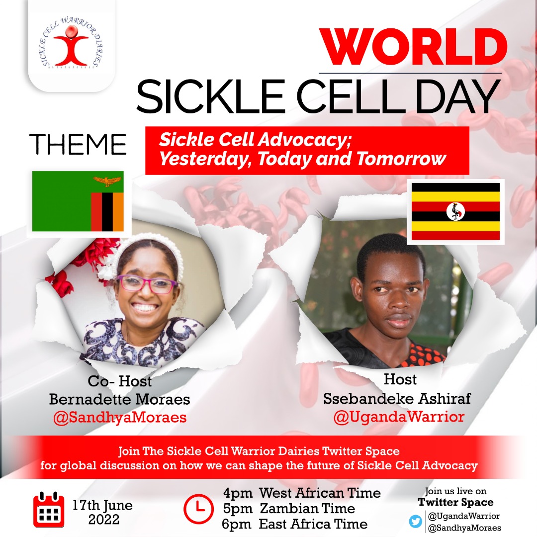 UgandaWarrior's tweet photo. The Sickle Cell Warrior Dairies brings to you a special edition for World Sickle Cell Day Twitter Space. 

Join us this Friday at 6pm
@SandhyaMoraes @Mirindasweets @bint_mfalme @kash_773
Link to join https://t.co/iFrQqUM1FD
#NotAlone #LightingCandle https://t.co/dxOtk25wPx