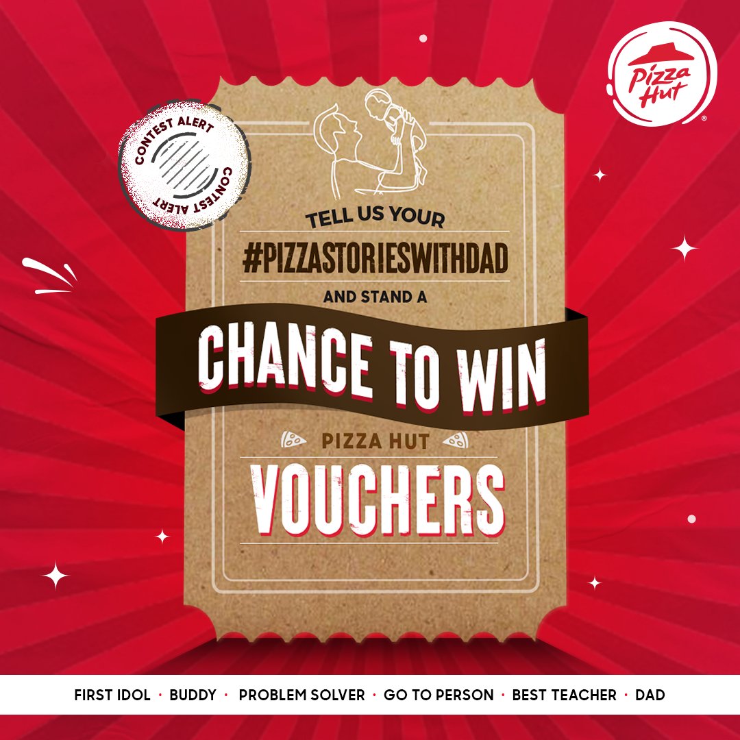 PizzaHutIN's tweet photo. Tell us what your dad means to you with your #PizzaStoryWithDad 
The top ten stories get a voucher of Rs. 1000/- &amp; a chance to feature on our Instagram handle! 
*T&amp;Cs Apply: 
- Like/follow our page. 
- Lucky winners to get PIZZA HUT vouchers. 
- Winner announcement on 20th June. https://t.co/znYKGgKsQy