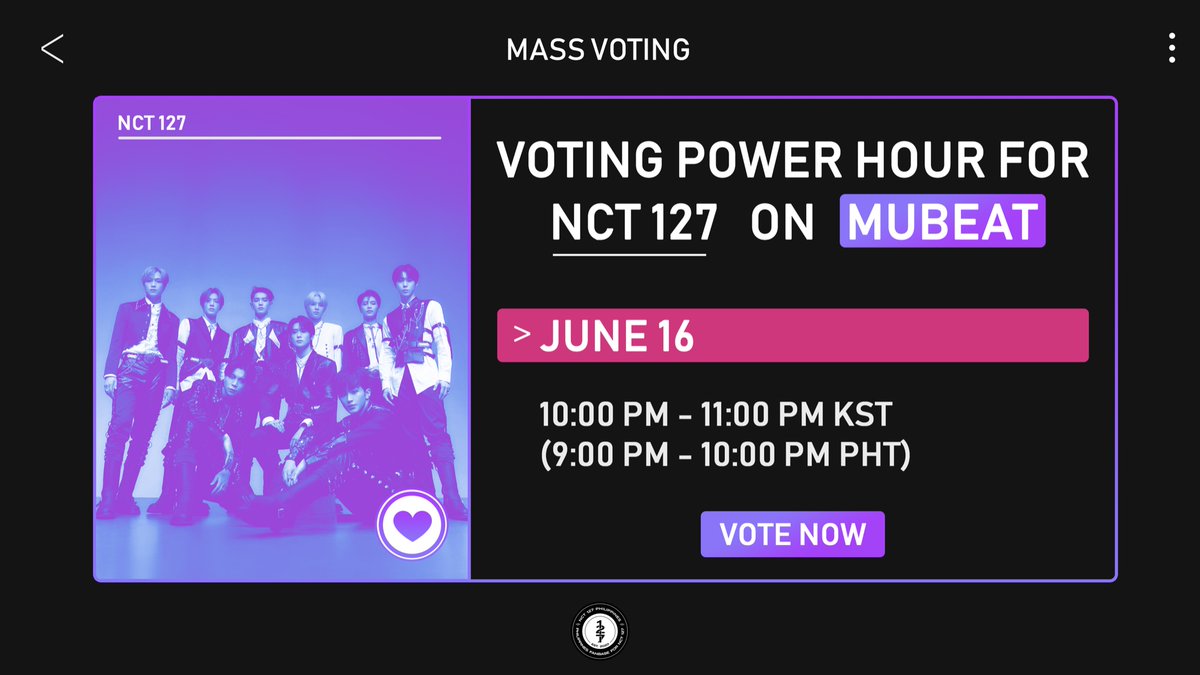 NCT127_PH's tweet photo. [STAFF POST] NCTzens! 📣 

Voting power hour for @NCTsmtown_127 on Mubeat starts now! Drop your beats and reply proof that you voted for them to motivate each other. 💚

• Link to vote: https://t.co/Md6FhJMVgX
*Voting ends on June 20 at 12:00 PM KST (11:00 AM PHT).

#NCT #NCT127 https://t.co/YZxuYpb7cO