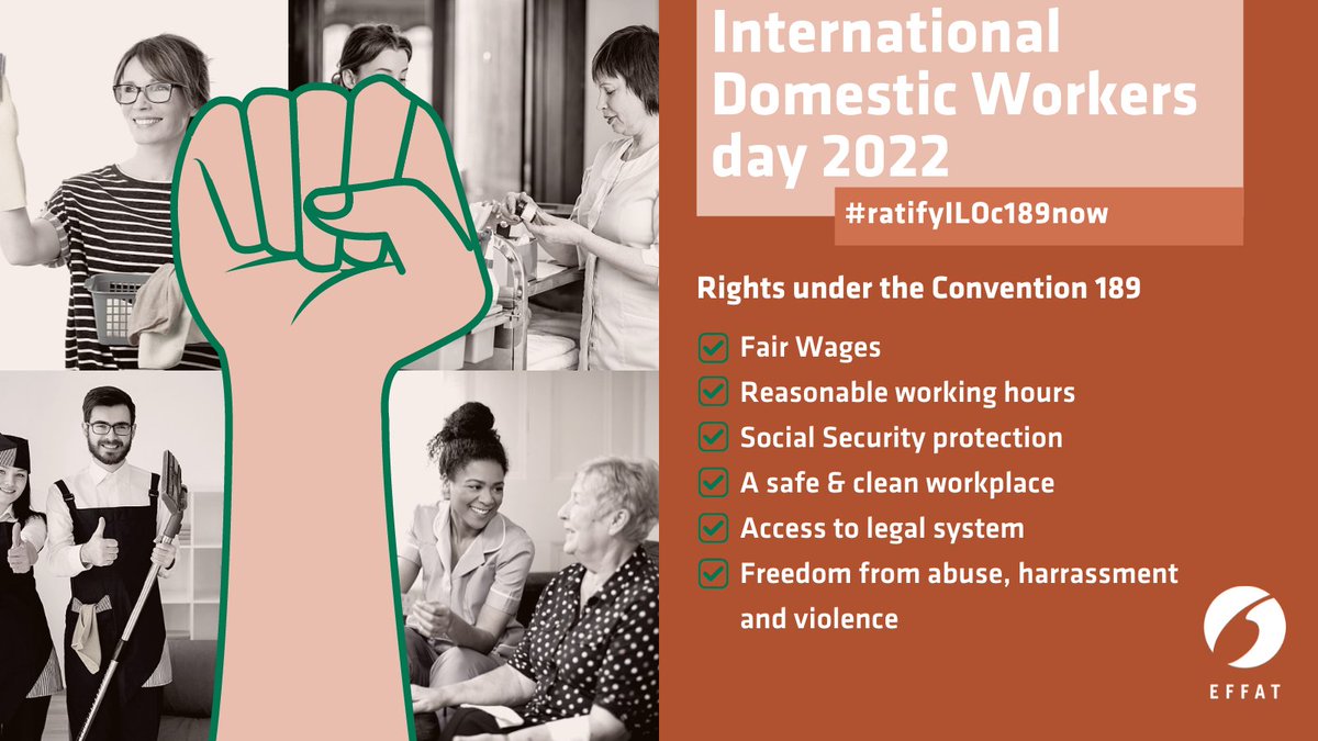 Happy International Domestic Workers Day! 🙌

EFFAT will continue their fight towards ratification and implementation of ILO Convention 189 for decent work for domestic workers in Europe and around the world!
#Internationaldomesticworkersday
#DecentWorkForDomesticWorkers