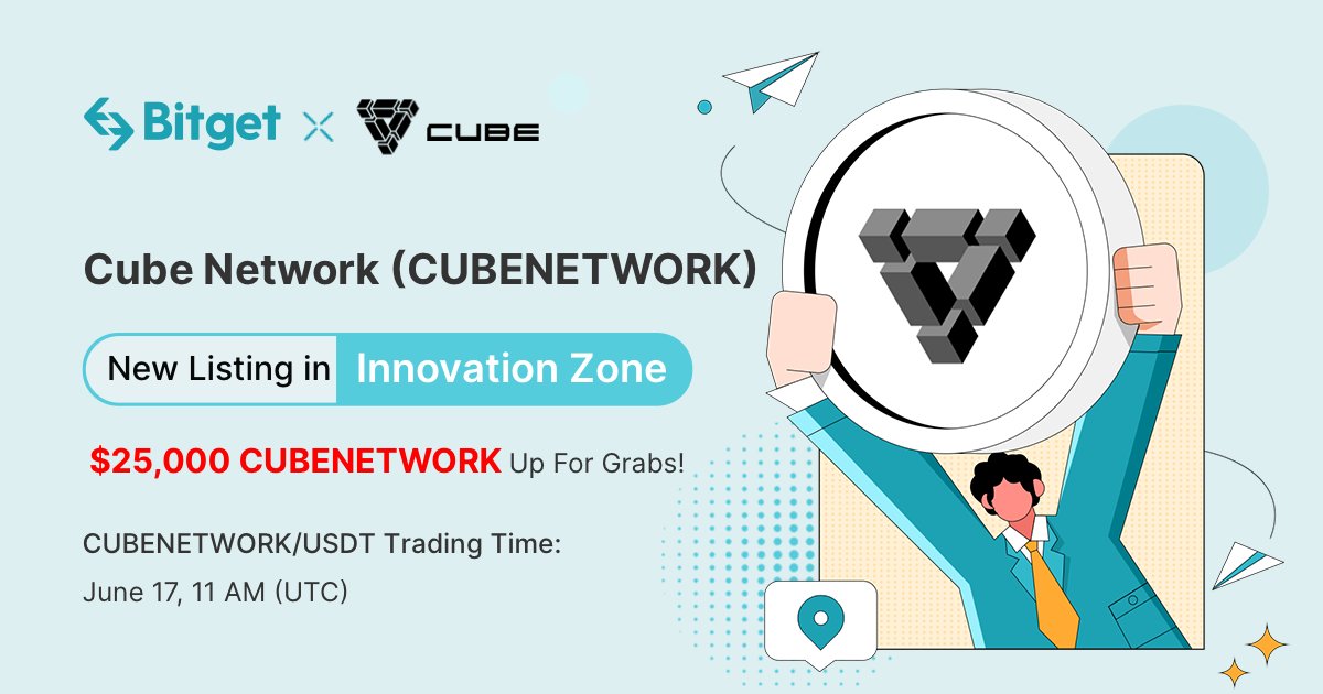 bitget's tweet photo. We are thrilled to announce the @Cube0x CUBENETWORK/USDT) listing on June 17, 11 AM (UTC)! Join &amp; win up to $25,000 in CUBENETWORK!

🙋‍♂️ Up to $5,000 new user bonus awaits 
📈 Trade &amp; earn from $15,000 prizes
🍀 Be the lucky winner to win $500

Read more: https://t.co/iDA3N14AaP https://t.co/kfon4YIe7K