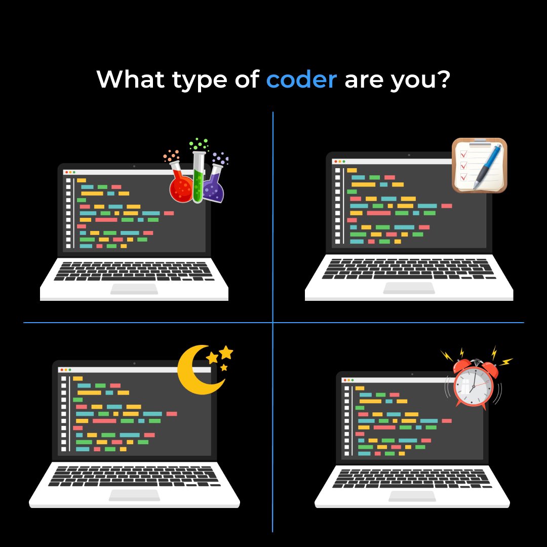 What type of #coder are you?

✅ The wizard
✅ The perfectionist
✅ The night owl
✅ The early bird

#coder #developer #developpementpersonnel #remote #remotework #codeready #project13 #projectadministrator #teamworkisdreamwork #afternoonbriefing #100DaysOfCode #remotejobs