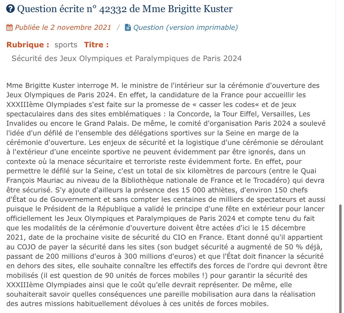 brigitte_kuster's tweet photo. J’avais alerté le ministre de l’Intérieur sur la sécurité des #JeuxOlympiques de Paris ! Dans sa réponse, il n’a pas pris la mesure du défi ! Je veux continuer d’être cette députée libre et indépendante du gouvernement qui lui posera les questions qui dérangent #circo7504 https://t.co/ae9Zmm5421