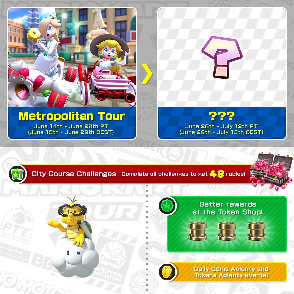 Mario Kart Tour on X: Tours take place in various real-world cities in # MarioKartTour . Tap the image and tweet the displayed text to receive a  randomly selected trailer of one of