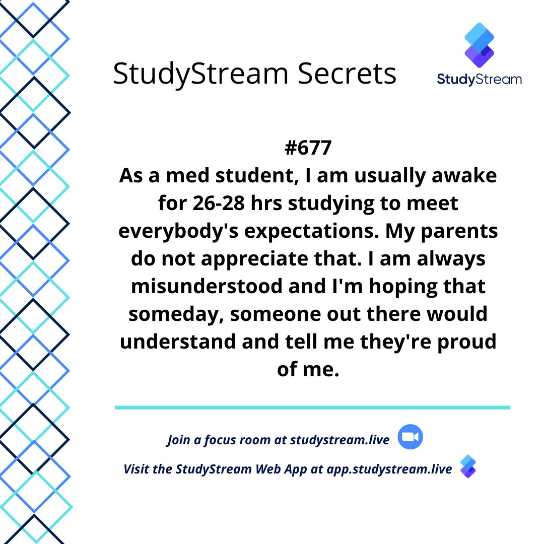 StudyStream_'s tweet photo. Secrets #677
As a med student, I am usually awake for 26-28 hrs studying to meet everybody's expectations. My parents do not appreciate that. I am always misunderstood and I'm hoping...
#StudentLife #ParentPressures #MedStudent #StudentStuggles https://t.co/eNdwhOICND