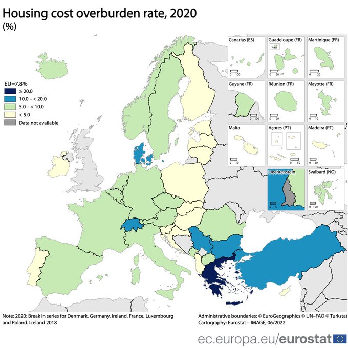 Map, Housing cost overburden rate, 2020 data, EU Member States and EFTA countries.