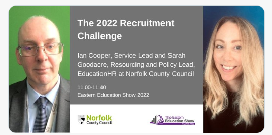 NorfolkSchools1's tweet photo. 🌟Don't miss 🌟
11.00-11.40 - The 2022 Recruitment Challenge
Ian Cooper & Sarah Goodacre, EducationHR
Learn about approaches to maximise candidate availability for vacant posts!
@RevEvents #EES22 https://t.co/PSAyGJIVhM