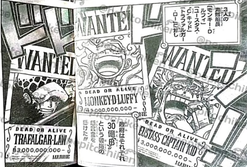 Foezaaa's tweet photo. One Piece Chapter 1053 Spoiler
Bounty Luffy, Law, and Kid after Wano
And reveal the face of Admiral Ryokugyu #ONEPIECE1053 #ONEPIECE https://t.co/ntSFlJw3Hz